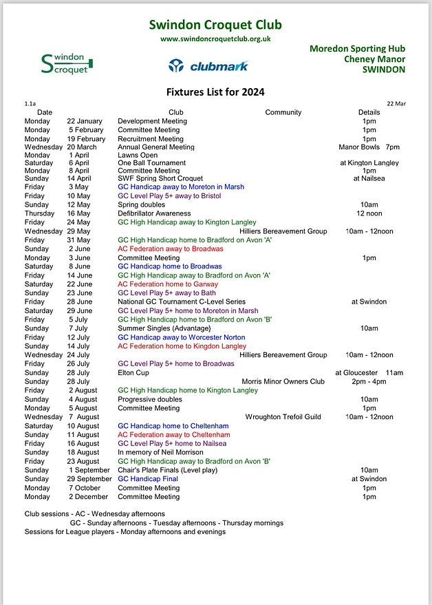 Fixture List 2024 Swindon Croquet Club